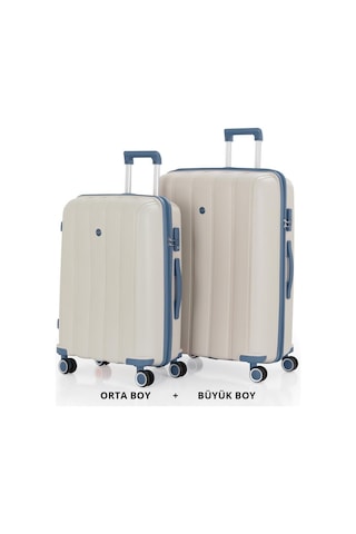 Mçs Bavul Büyük Ve Orta 2li Set Kırılmaz Silikon Valiz V305 Kemik/skyblue Bej