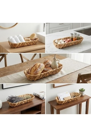 Hasır Oval Ekmek Sepeti Ve Çok Amaçlı Düzenleyici, 28x6 Cm Doğal Örme Sunum Tabağı, İnce Uzun Baget Ekmeklik, Çatal Kaşık Ve Banyo Makyaj Organizeri