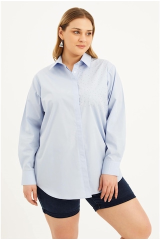 Oversize Taş Baskılı Poplin Gömlek