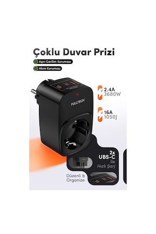 Fulltech Ftr-24 Çoklu Duvar Prizi 16a 3680w Siyah 2x Usb-c + 1x Usb-a Şarjlı Priz Akım Korumalı Kablosuz