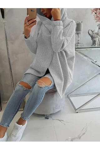Gri Kadın 3 İplik Şardonlu Kapüşonlu Ceket Asimetrik Fermuarlı Oversize Gri