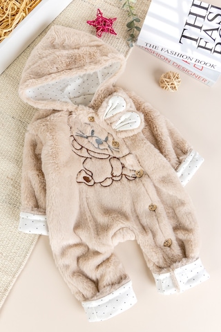 Tavşan Fiğürlü Kışlık Peluş Kız/erkek Bebek Tulum Bej