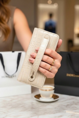 Vanilla Collection Telefon Bölmeli Timsah Desenli Fermuarlı Kadın Cüzdanı Bej Vegan Deri Bej