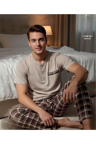 Arcan Erkek Düğme Yaka Kısa Kol Compact Penye Pijama Takımı 65130k - 1 Adet Kahverengi