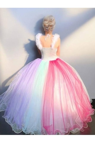 Kız Çocuk Unicorn Etekleri Gökkuşağı Tarlantanlı Abiye Elbise-15466 Çok Renkli