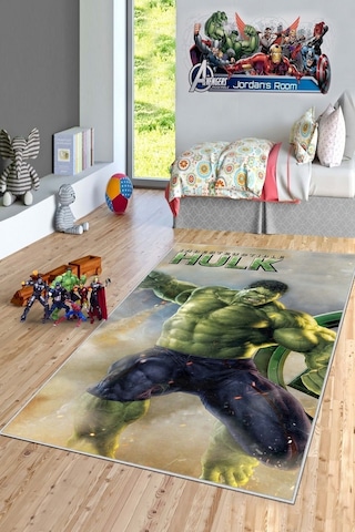 West Home Makinede Yıkanabilir Kaymaz Taban Leke Tutmaz Süper Kahraman Desenli Çocuk Halısı Wh 519 Green Yeşil