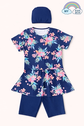 My Kids Wear Kız Çocuk Desenli Şortlu Bone Li Mayo Takımı 12571 Lacivert
