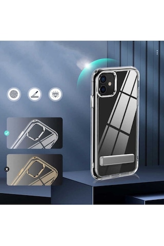 Apple Uyumlu iPhone 12 Kılıf Standlı Şeffaf Silikon Zore L-stand Kapak Renksiz