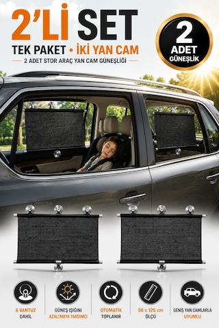 2 Adet Araç Yan Cam Güneşliği Stor 50x125 Cm 3 Vantuzlu Otomatik Toplanan Oto Cam Gölgelik Perde Uv