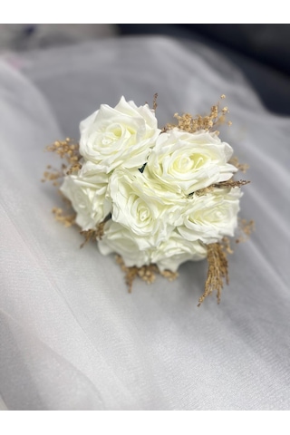 Islak Dokulu Romantik Beyaz Gül Ve Cipso Gelin El Buketi Beyaz