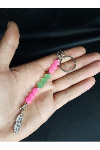 Mryart Pembe Cam Boncuk Ve Yeşim Taşı Anahtarlık Tüy Figürlü, El Yapımı Çok Renkli