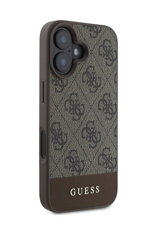 Apple Uyumlu iPhone 16 Kılıf Guess Lisanslı Pu Deri Şerit Logo Dizaynlı Kapak Kahverengi