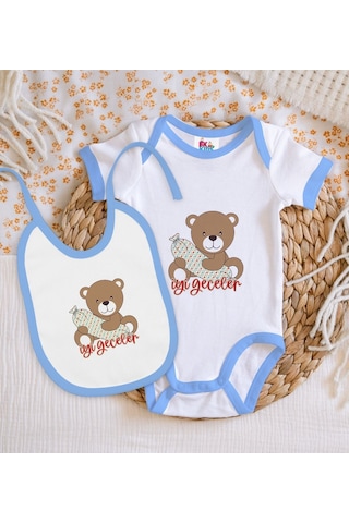 Bk Kids Sevimli Ayıcık Tasarımlı Mavi Bebek Body Zıbın Ve Mama Ön Çok Renkli