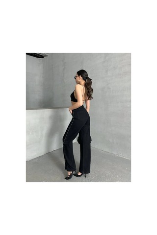 Kene Jeans Yüksek Bel Yan Fermuar Detaylı Siyah Bol Paça Jean Siyah