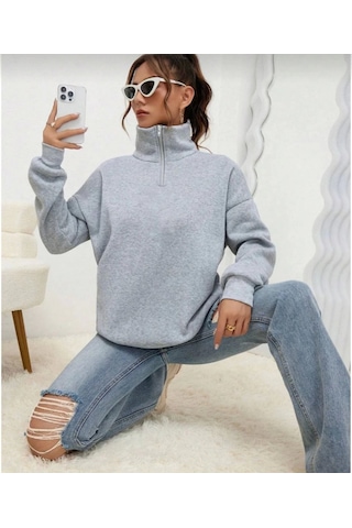 İkales Unisex Uzun Kol Yarım Farmuarlı Yakalı Basic Sweatshirt - Gri