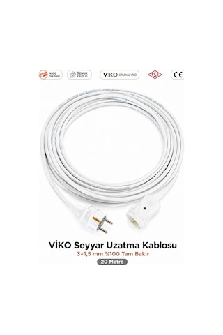 Viko Seyyar Uzatma Kablosu 20m 20 Metre 3x1.5 Mm %100 Bakır Öznur Kablo Viko Erkek Dişi Fiş Klemens Terminalli Topraklı Tse Ce Belgeli 20 M