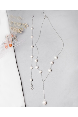 Brezza Lusso Jewelry Special Hakiki İnci Y Model Kadın Gümüş Kolye Bileklik İnci Set