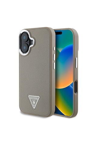Apple Uyumlu iPhone 16 Plus Kılıf Guess Lisanslı Magsafe Şarj Özellikli Grained Triangle Kapak Kahverengi