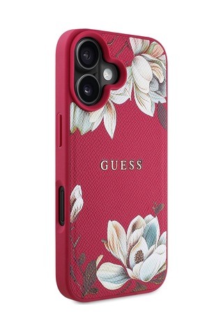 Apple Uyumlu iPhone 16 Kılıf Guess Lisanslı Magsafe Özellikli Taneli Çiçek Tasarımlı Metal Logolu Kapak Fuşya
