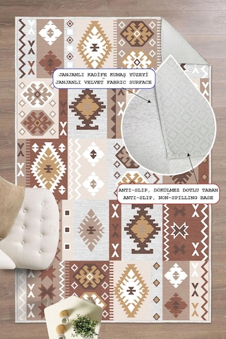 Dijital Baskılı Dekoratif Kilim Desen Kaymaz Taban Yıkanabilir Salon Halısı Yolluk Kahverengi