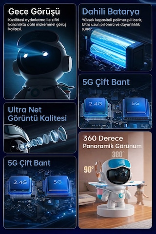 4k Akıllı Robot Kamera 360 Takip, Gece Görüşlü, Wifi Güvenlik