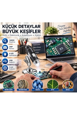 Luve Store 1600x Usb Dijital Mikroskop 2mp Kamera 8 Led Işıklı Metal Standlı
