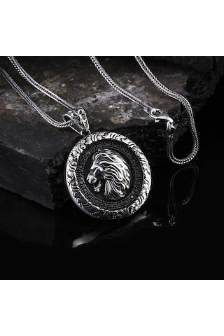 Otantik Motifli Zirkon Taşlı Gümüş Aslan Kolye Gümüş