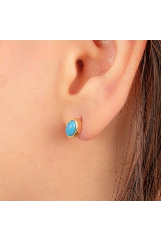 Altın Küpe - 14 Ayar Altın Firuze Turkuaz Taşlı Oval Küpe Sarı