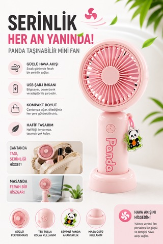 Panda Taşınabilir Mini Fan Sevimli Tasarım Etkili Serinlik