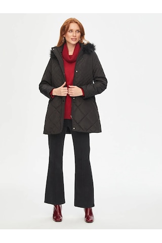 Faik Sönmez Kürk Kapüşonlu Kapitone Kadın Kaban B00041 Siyah