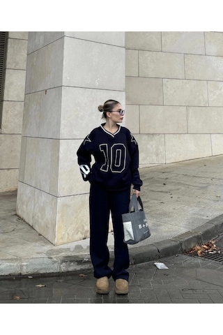 Simala V Yaka Üç İplik Sweat Takım - Siyah Siyah