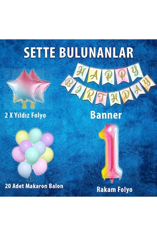 Gökkuşağı Konsepti 1 Yaş Doğum Günü Parti Kutlama Seti; Rakam ve Yıldız Folyo, Banner ve Makaron Balon