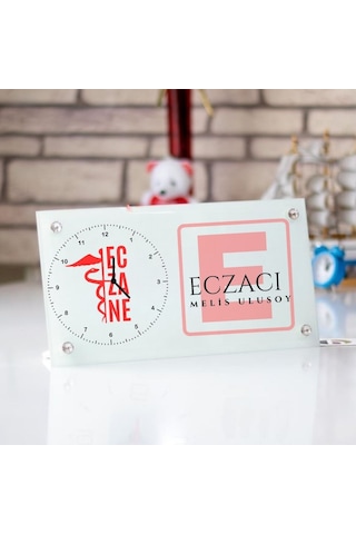 Eczacılara Özel İsim Yazılı Cam Saat - Logolu Eczane Masası Saati Beyaz