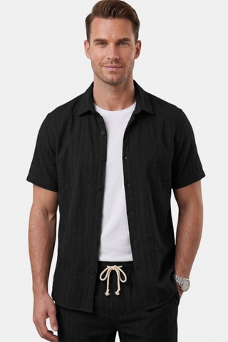 Deep Sea Deepsea Siyah Slim Fit Çizgi Dokulu Keten Görünümlü Kısa Kol Erkek Spor Gömlek 2602648