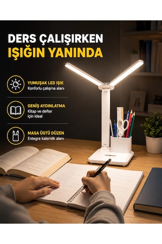 Kalemlik Ve Telefon Standlı Masa Lambası Kısılabilir Led Işık, Göz Dostu Tasarım Yeni Nesil Antrasit Melanj