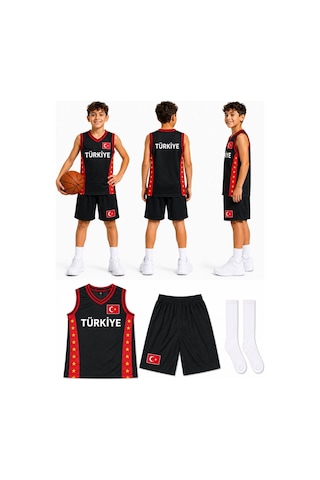 Sonvadi Çocuk Basketbol Forması Türkiye Armalı Siyah-kırmızı 3 Parça Çorap Siyah