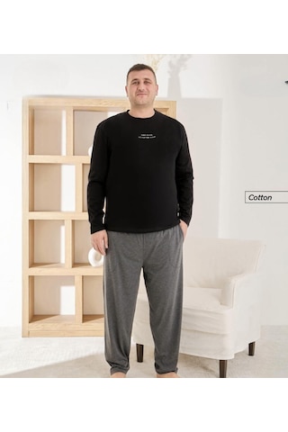 Pijamoni Erkek Battal Bisiklet Yaka Penye Uzun Kol Pijama Takımı 6700/5 - 1 Adet Siyah