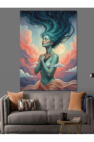 Mavi Saçlı Güzel Kız Ve Gökyüzü Soyut Dekoratif Kanvas - Mdf Ahşap Tablo