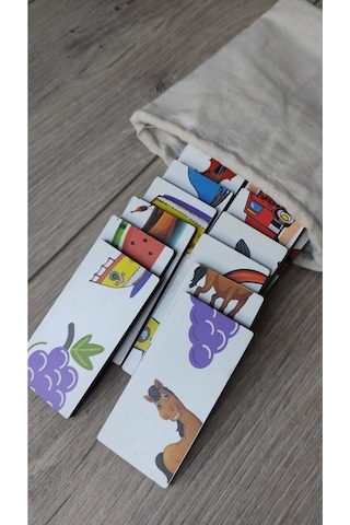 Ahşap Renkli Domino Hayvanlar, Meyveler Ve Taşıtlar Puzzle