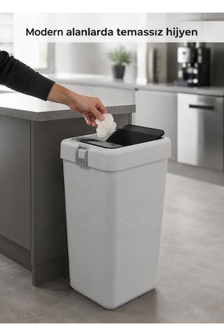 Gri Bas Çek Mutfak Çöp Kovası 40 L - Endüstriyel Modern Büyük Boy Pratik Çöp Kutusu