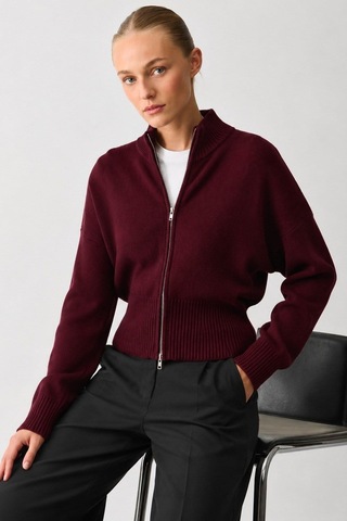 Seeh Bordo Çift Fermuarlı Dik Yaka Kadın Triko Hırka Sh348 Regular
