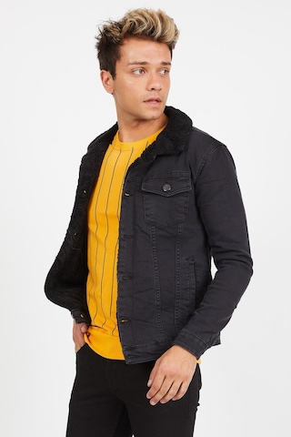 Erkek Siyah Kürklü Füme Renk Eskitmeli Slim Fit Kot Ceket Füme