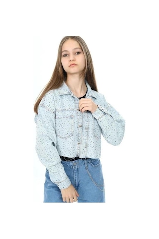 Kız Çocuk Parlak Taşlı Oversize Crop Kot Ceket-13741 Mavi