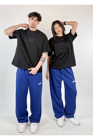 Zaee 2m Motive Taşlı Oversize T-shirt Mavi