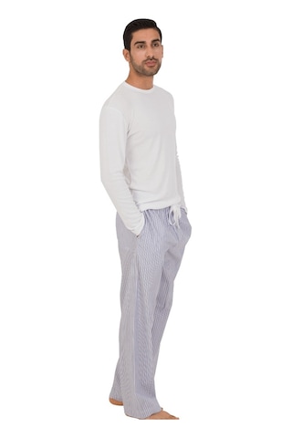The Don Thedon Beyaz-Açık Mavi Çizgili Desen Ribana Erkek Pijama Takımı