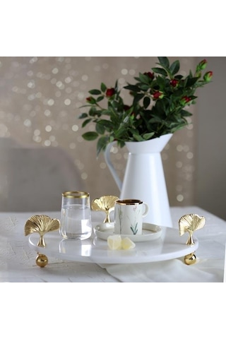 Akayev Mermer Beyaz 30 Cm Altın Ayak Ginkgo Yuvarlak Sunum Tabağı