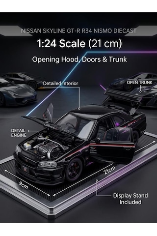 Hobbiez Lisanslı Nissan Skyline Gt-r Model Diecast Car 1/24 Ölçek Metal Standlı Araç