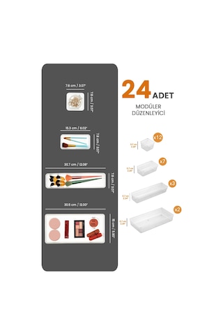 Meleni Home 24'lü Set - Modüler Çekmece İçi Masaüstü Düzenleyici - Takı Organizer Şeffaf
