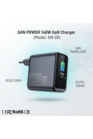 Gan Power Gn-05 140w 4 Portlu Gan Hızlı Şarj Cihazı + 60w Hızlı Şarj Kablosu Hediyeli - Tft Akıllı Renkli Ekran, Yapay Zeka Sıcaklık Kontrollü Adaptör .
