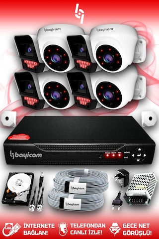 Bayicam 8 Kameralı Süper 4 İç Kamera Set 100 GB 5 MP 2K Net Gece Görüşlü Güvenlik Kamerası Sistemi